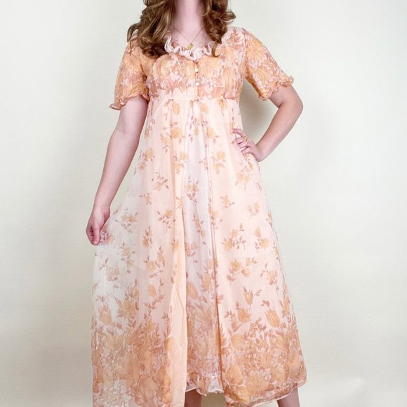 Vintage 50s 60s Nightgown Slip Dress Set Puff Sleeve Ruffle Tiered Floral MCM - Picture 10 of 10